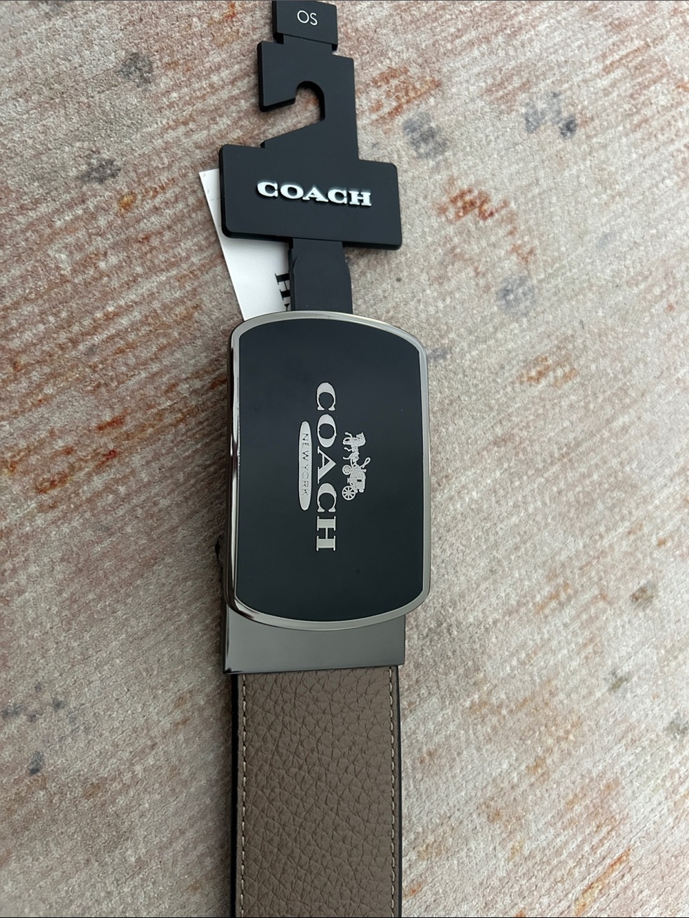 Coach Men's Belt with Black Logo Buckle and Taupe Leather Strap